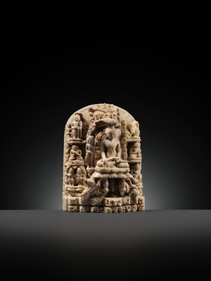 Lot 215 - AN ANDAGU STONE MINIATURE STELE DEPICTING SCENES FROM THE LIFE OF BUDDHA, PAGAN PERIOD