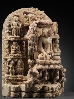 Lot 215 - AN ANDAGU STONE MINIATURE STELE DEPICTING SCENES FROM THE LIFE OF BUDDHA, PAGAN PERIOD