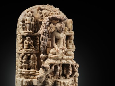 Lot 215 - AN ANDAGU STONE MINIATURE STELE DEPICTING SCENES FROM THE LIFE OF BUDDHA, PAGAN PERIOD