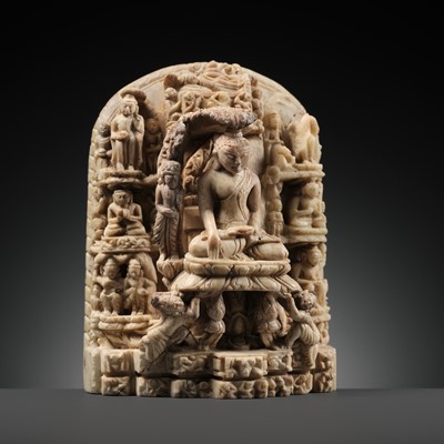 Lot 215 - AN ANDAGU STONE MINIATURE STELE DEPICTING SCENES FROM THE LIFE OF BUDDHA, PAGAN PERIOD