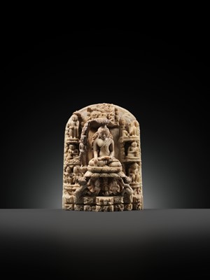 Lot 215 - AN ANDAGU STONE MINIATURE STELE DEPICTING SCENES FROM THE LIFE OF BUDDHA, PAGAN PERIOD