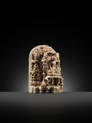 Lot 215 - AN ANDAGU STONE MINIATURE STELE DEPICTING SCENES FROM THE LIFE OF BUDDHA, PAGAN PERIOD
