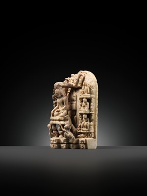 Lot 215 - AN ANDAGU STONE MINIATURE STELE DEPICTING SCENES FROM THE LIFE OF BUDDHA, PAGAN PERIOD