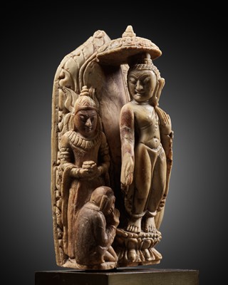 Lot 1070 - A POST PAGAN ANDAGU VOTIVE RELIEF DEPICTING BUDDHA WITH HIS DISCIPLES, 14th – 15th CENTURY