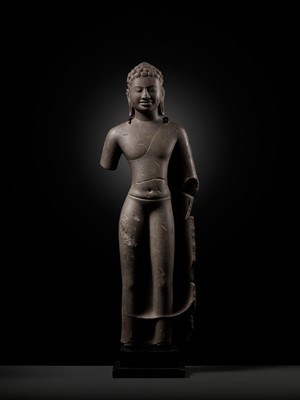 Lot 339 - A LARGE SANDSTONE FIGURE OF BUDDHA, ANGKOR BOREI