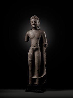 Lot 339 - A LARGE SANDSTONE FIGURE OF BUDDHA, ANGKOR BOREI