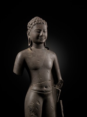 Lot 339 - A LARGE SANDSTONE FIGURE OF BUDDHA, ANGKOR BOREI