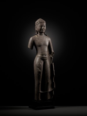Lot 339 - A LARGE SANDSTONE FIGURE OF BUDDHA, ANGKOR BOREI