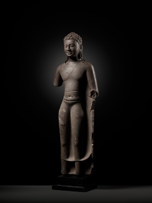 Lot 339 - A LARGE SANDSTONE FIGURE OF BUDDHA, ANGKOR BOREI