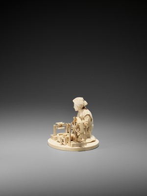 Lot 209 - SEIMIN: AN IVORY OKIMONO OF AN OLD WOMAN WORKING AT A SPINNING WHEEL