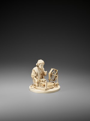Lot 209 - SEIMIN: AN IVORY OKIMONO OF AN OLD WOMAN WORKING AT A SPINNING WHEEL