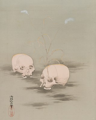 Lot 328 - TOYOHARA ZUIU: A SCROLL PAINTING OF SKULLS BENEATH THE FULL MOON