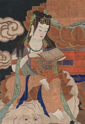 Lot 297 - A HANGING SCROLL PAINTING OF A SHAKA TRIAD