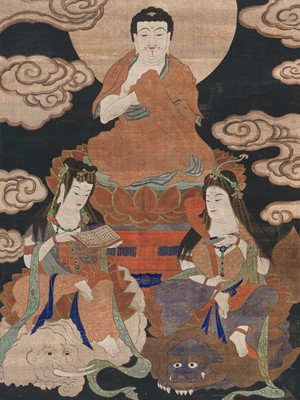 Lot 297 - A HANGING SCROLL PAINTING OF A SHAKA TRIAD