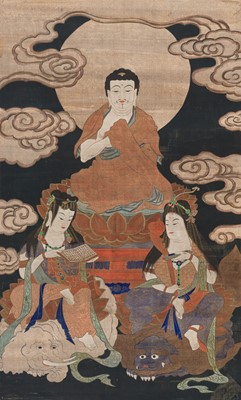 Lot 297 - A HANGING SCROLL PAINTING OF A SHAKA TRIAD
