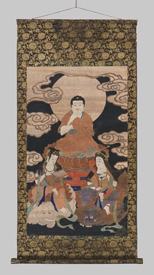 Lot 297 - A HANGING SCROLL PAINTING OF A SHAKA TRIAD