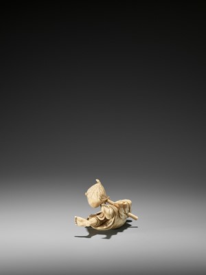 Lot 183 - MASAYOSHI: AN IVORY OKIMONO OF A MONK CATCHING A LOBSTER