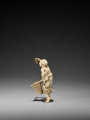 Lot 183 - MASAYOSHI: AN IVORY OKIMONO OF A MONK CATCHING A LOBSTER