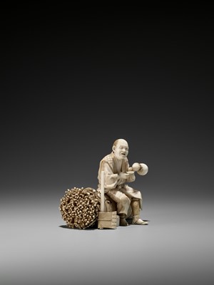 Lot 200 - SEIYO: A LARGE IVORY OKIMONO OF A WOODCUTTER AT LUNCH DRINKING SAKE