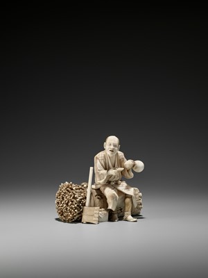 Lot 200 - SEIYO: A LARGE IVORY OKIMONO OF A WOODCUTTER AT LUNCH DRINKING SAKE
