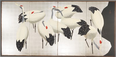 Lot 815 - A FOUR-PANEL BYOBU SCREEN DEPICTING EIGHT TANCHOZURU (RED-CROWNED CRANES)