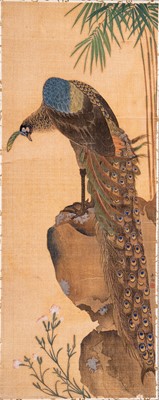 Lot 816 - YAMAGUCHI SOKEN: PEACOCK PERCHED ON ROCKS