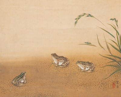 Lot 817 - OHASHI KIHO: AN AMUSING SCROLL PAINTING OF TOADS BY A RICE FIELD