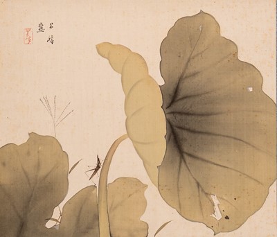 Lot 818 - A SCROLL PAINTING OF A LOTUS PAD WITH GRASSHOPPER