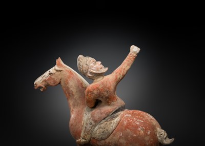 Lot 129 - A RARE PAIR OF FOREIGN EQUESTRIAN ARCHERS, PAINTED POTTERY, TANG DYNASTY