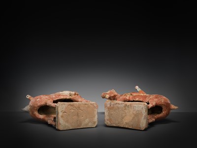 Lot 129 - A RARE PAIR OF FOREIGN EQUESTRIAN ARCHERS, PAINTED POTTERY, TANG DYNASTY