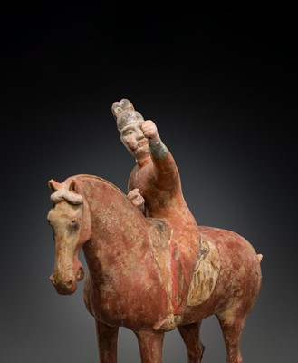 Lot 129 - A RARE PAIR OF FOREIGN EQUESTRIAN ARCHERS, PAINTED POTTERY, TANG DYNASTY