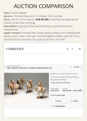 Lot 129 - A RARE PAIR OF FOREIGN EQUESTRIAN ARCHERS, PAINTED POTTERY, TANG DYNASTY