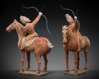 Lot 129 - A RARE PAIR OF FOREIGN EQUESTRIAN ARCHERS, PAINTED POTTERY, TANG DYNASTY