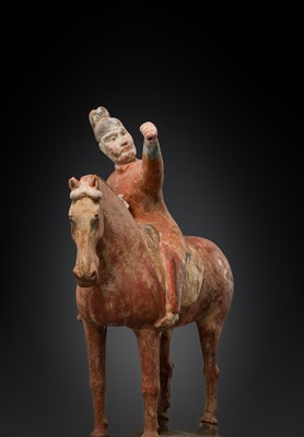 Lot 129 - A RARE PAIR OF FOREIGN EQUESTRIAN ARCHERS, PAINTED POTTERY, TANG DYNASTY