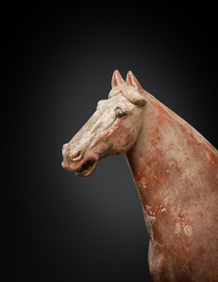 Lot 129 - A RARE PAIR OF FOREIGN EQUESTRIAN ARCHERS, PAINTED POTTERY, TANG DYNASTY