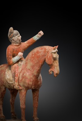 Lot 129 - A RARE PAIR OF FOREIGN EQUESTRIAN ARCHERS, PAINTED POTTERY, TANG DYNASTY