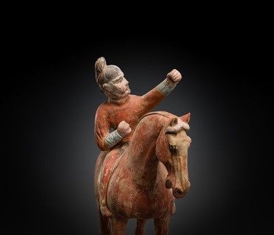 Lot 129 - A RARE PAIR OF FOREIGN EQUESTRIAN ARCHERS, PAINTED POTTERY, TANG DYNASTY