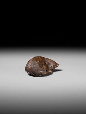 Lot 140 - TAMETAKA: A SUPERB WOOD NETSUKE OF A BOAR RESTING ON AUTUMN LEAVES