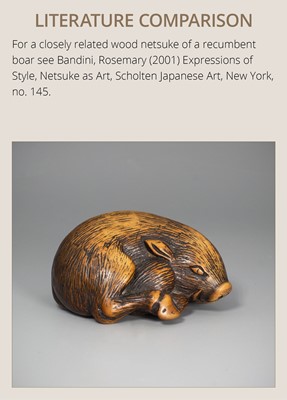 Lot 140 - TAMETAKA: A SUPERB WOOD NETSUKE OF A BOAR RESTING ON AUTUMN LEAVES