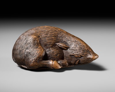 Lot 140 - TAMETAKA: A SUPERB WOOD NETSUKE OF A BOAR RESTING ON AUTUMN LEAVES