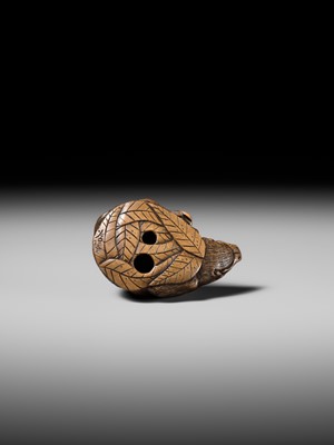 Lot 140 - TAMETAKA: A SUPERB WOOD NETSUKE OF A BOAR RESTING ON AUTUMN LEAVES