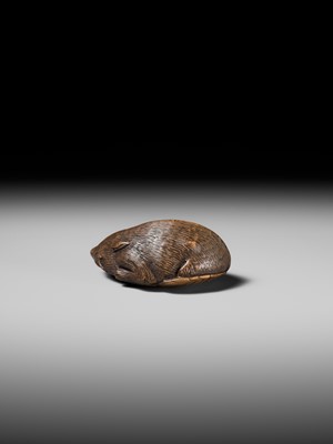 Lot 140 - TAMETAKA: A SUPERB WOOD NETSUKE OF A BOAR RESTING ON AUTUMN LEAVES