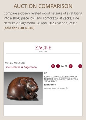 Lot 147 - KANO TOMOKAZU: A SUPERB WOOD NETSUKE OF A RAT WITH EDAMAME BEAN POD