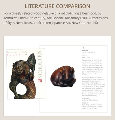 Lot 147 - KANO TOMOKAZU: A SUPERB WOOD NETSUKE OF A RAT WITH EDAMAME BEAN POD