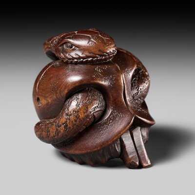 Lot 470 - A FINE YAMADA SCHOOL WOOD NETSUKE OF A SNAKE AND SKULL