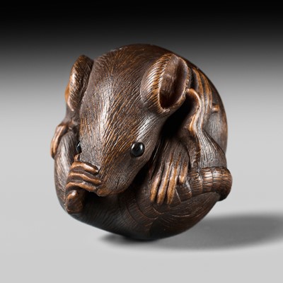 Lot 503 - MASANAO: A FINE WOOD NETSUKE OF A COILED RAT