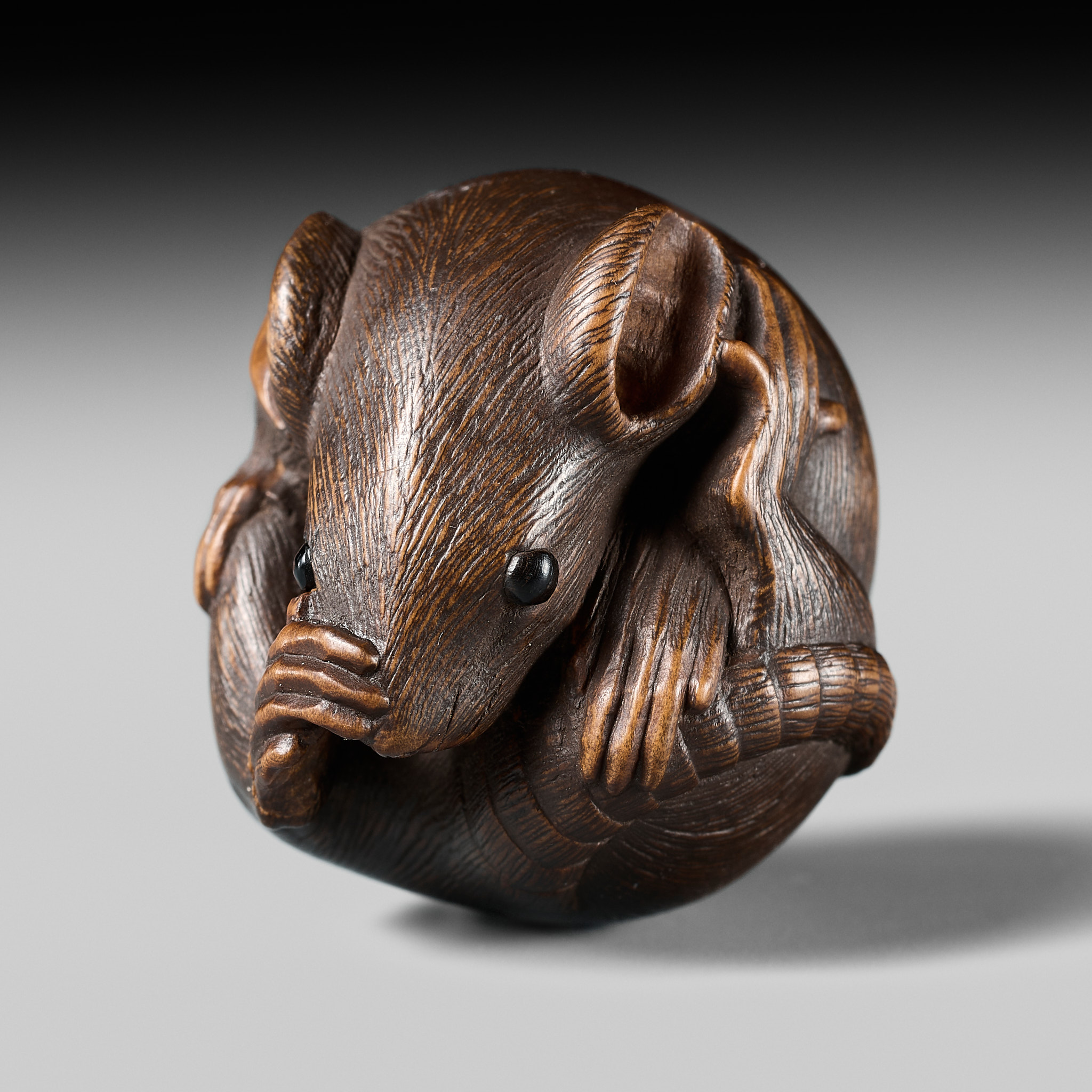Lot 503 - MASANAO: A FINE WOOD NETSUKE OF A COILED RAT
