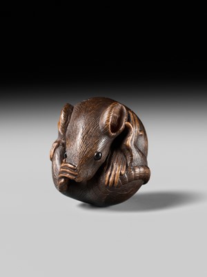 Lot 503 - MASANAO: A FINE WOOD NETSUKE OF A COILED RAT