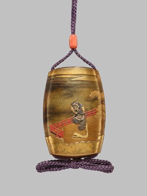 KOMA KORYU AND ISHIGURO MASATSUNE: A FINE METAL-INLAID FOUR CASE INRO WITH A RANRYO-O DANCER
