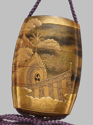 KOMA KORYU AND ISHIGURO MASATSUNE: A FINE METAL-INLAID FOUR CASE INRO WITH A RANRYO-O DANCER
